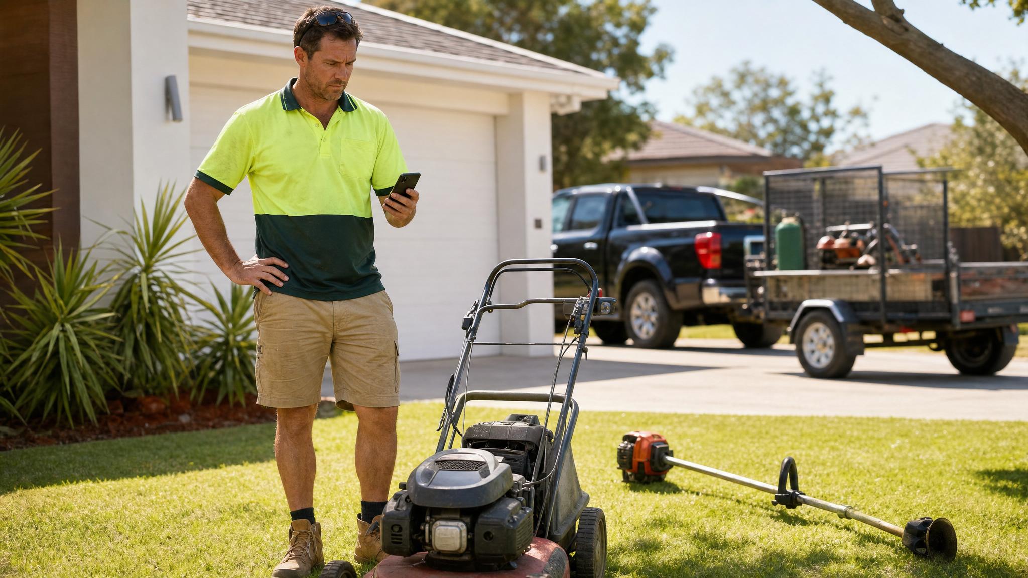 Lawn mowing operator checking their phone beside their ute, working out a quote