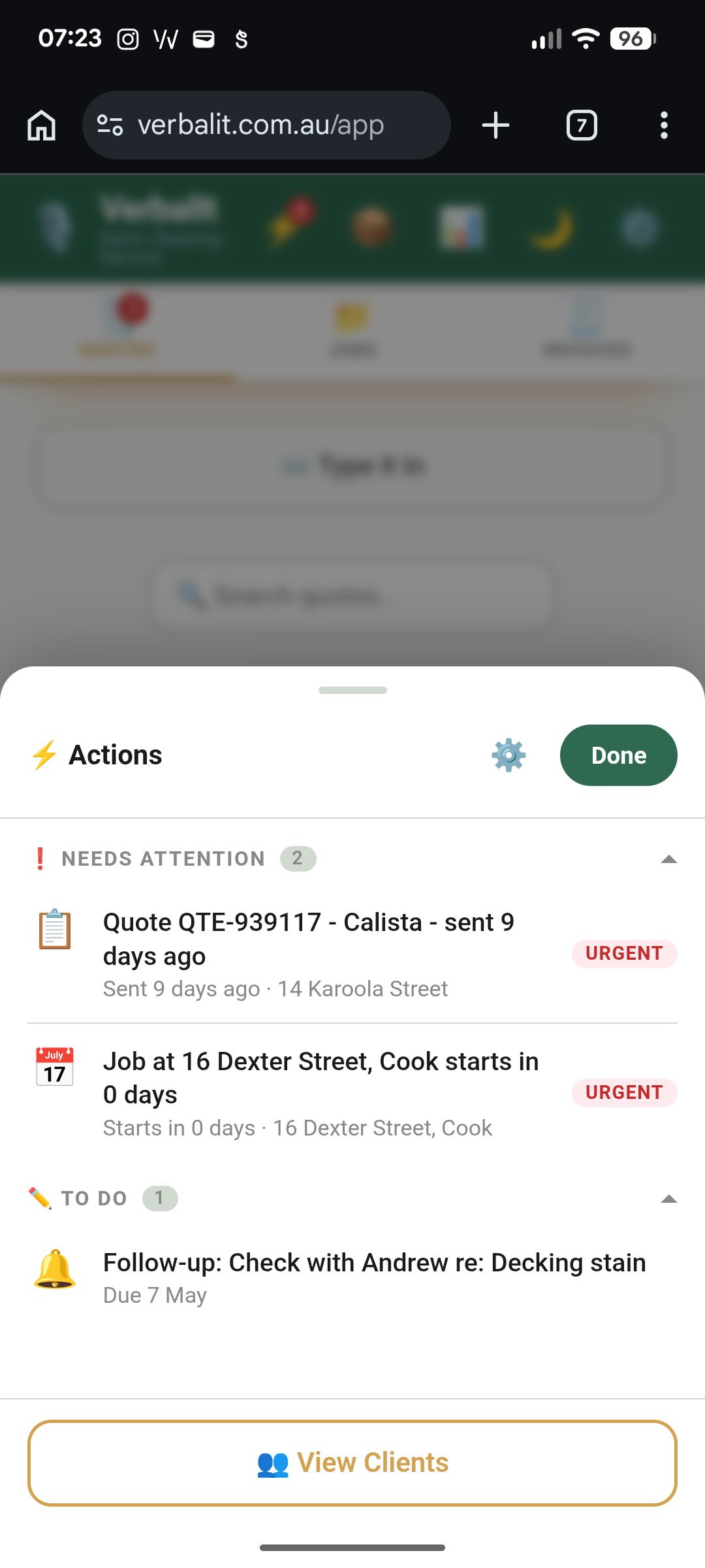 VerbalIt Actions panel showing overdue invoices and follow-up reminders