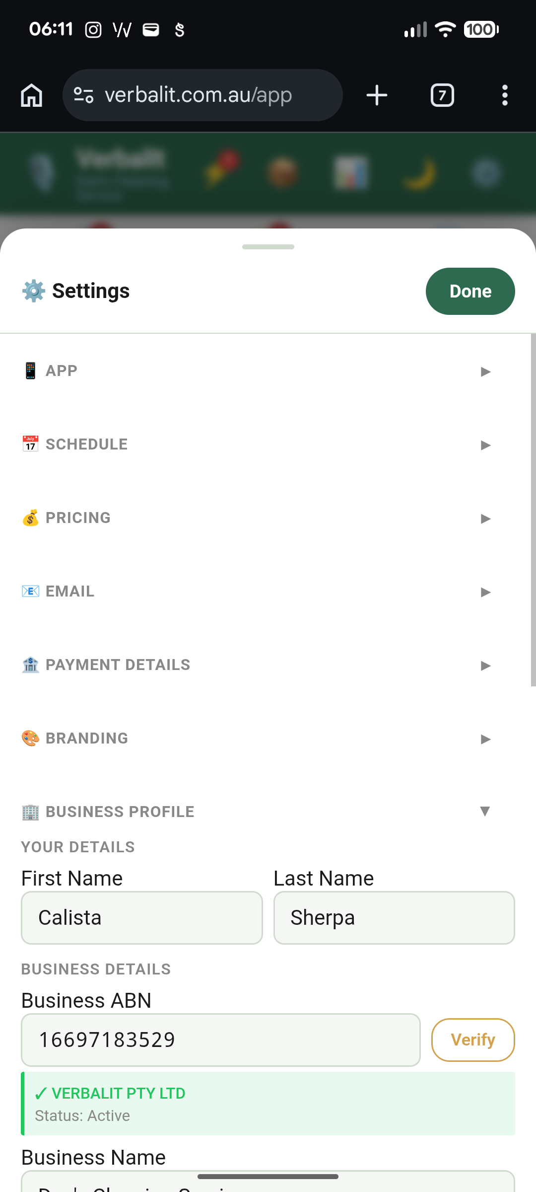 VerbalIt Business Profile settings screen showing name, ABN verification, and business details