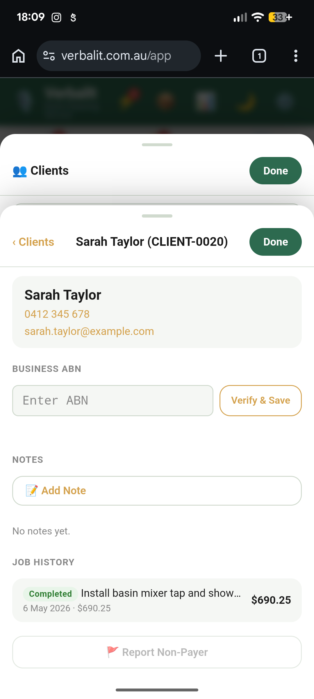 VerbalIt client detail page showing contact info and full job history