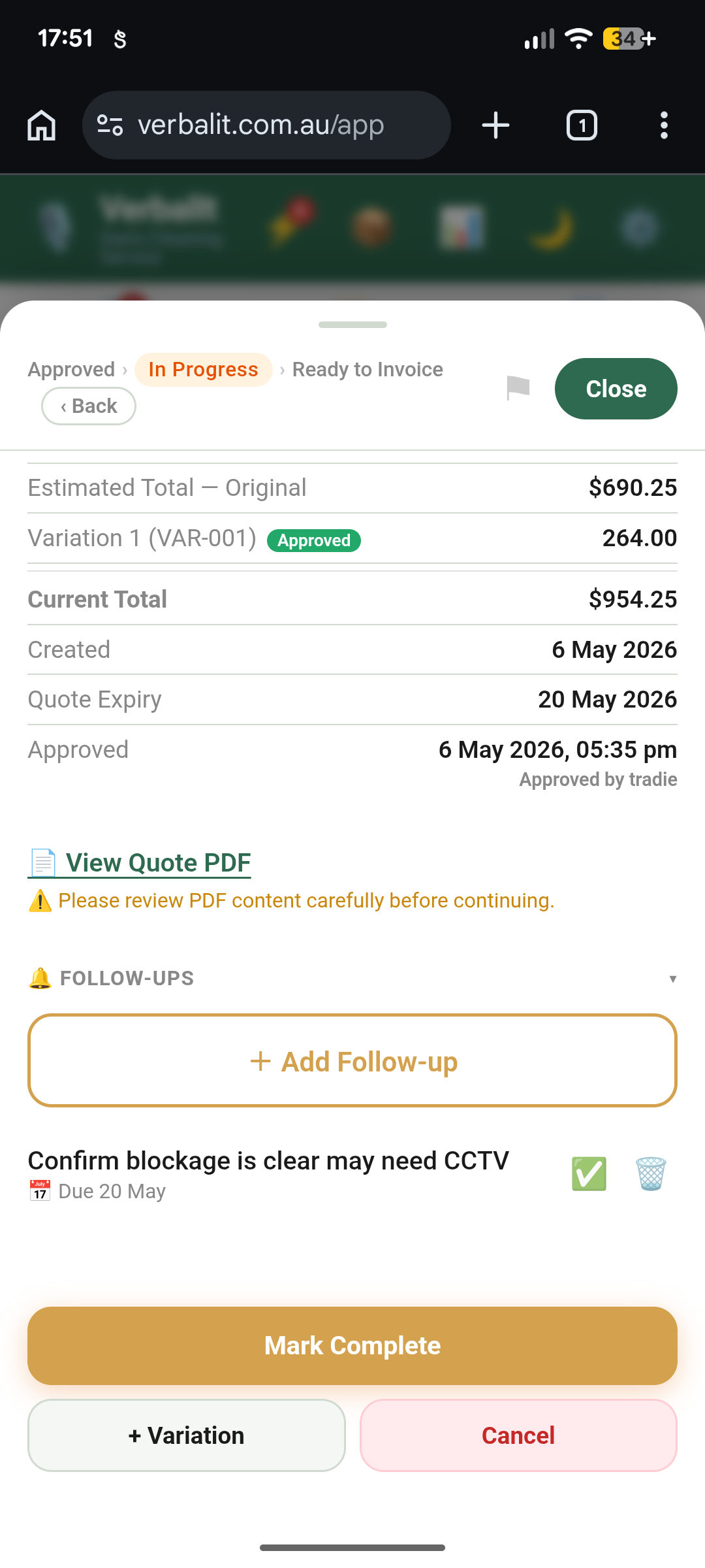 VerbalIt follow-up reminder set on a job with date and note