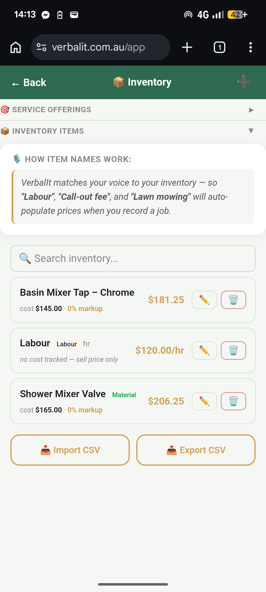 VerbalIt Inventory screen showing materials and services with costs and markup