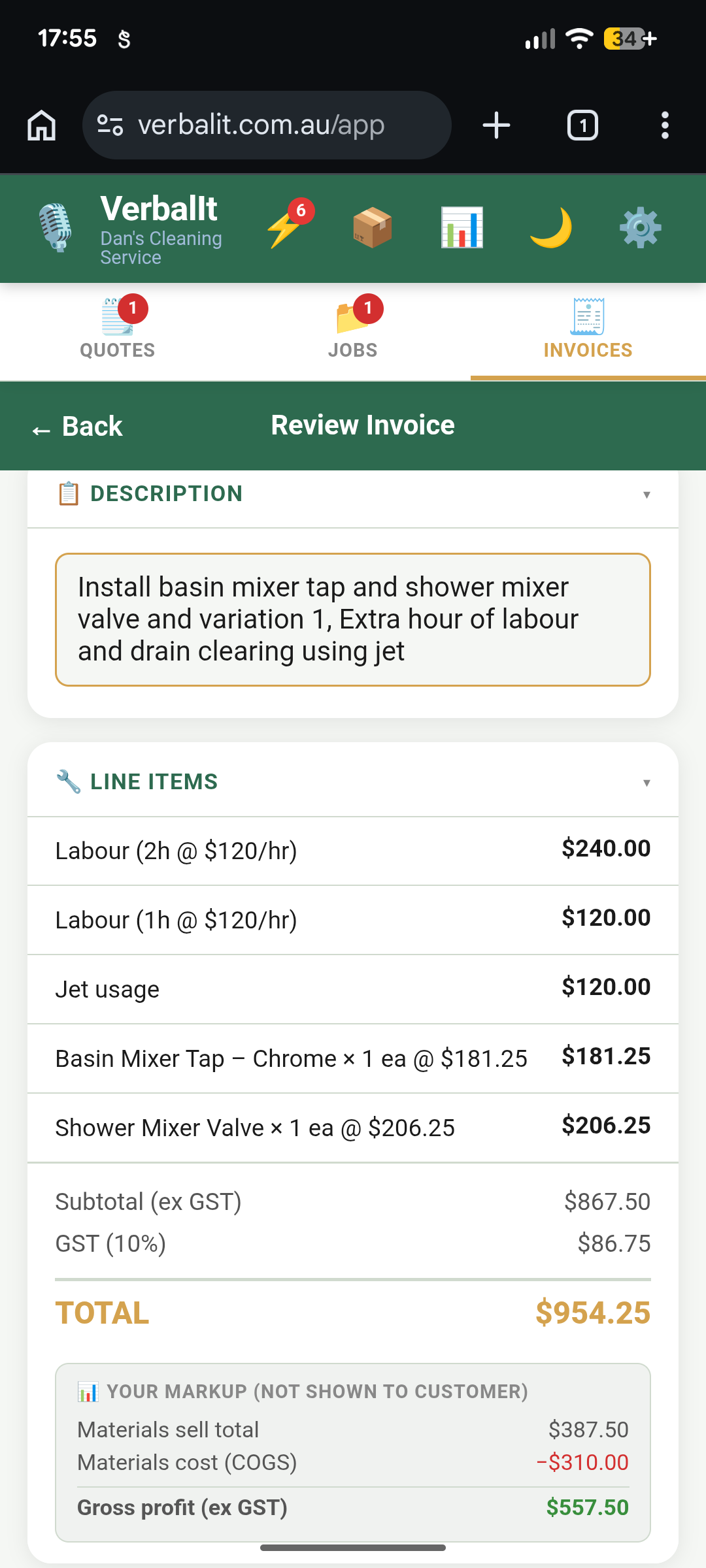 VerbalIt invoice review screen with line items, GST, and send button
