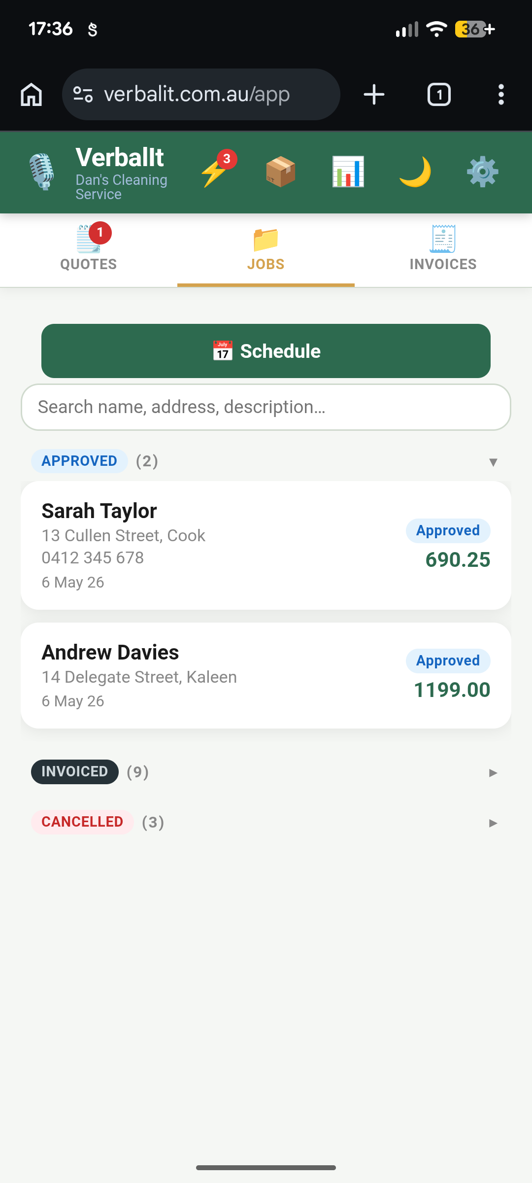 VerbalIt Jobs tab showing a freshly approved job ready to start