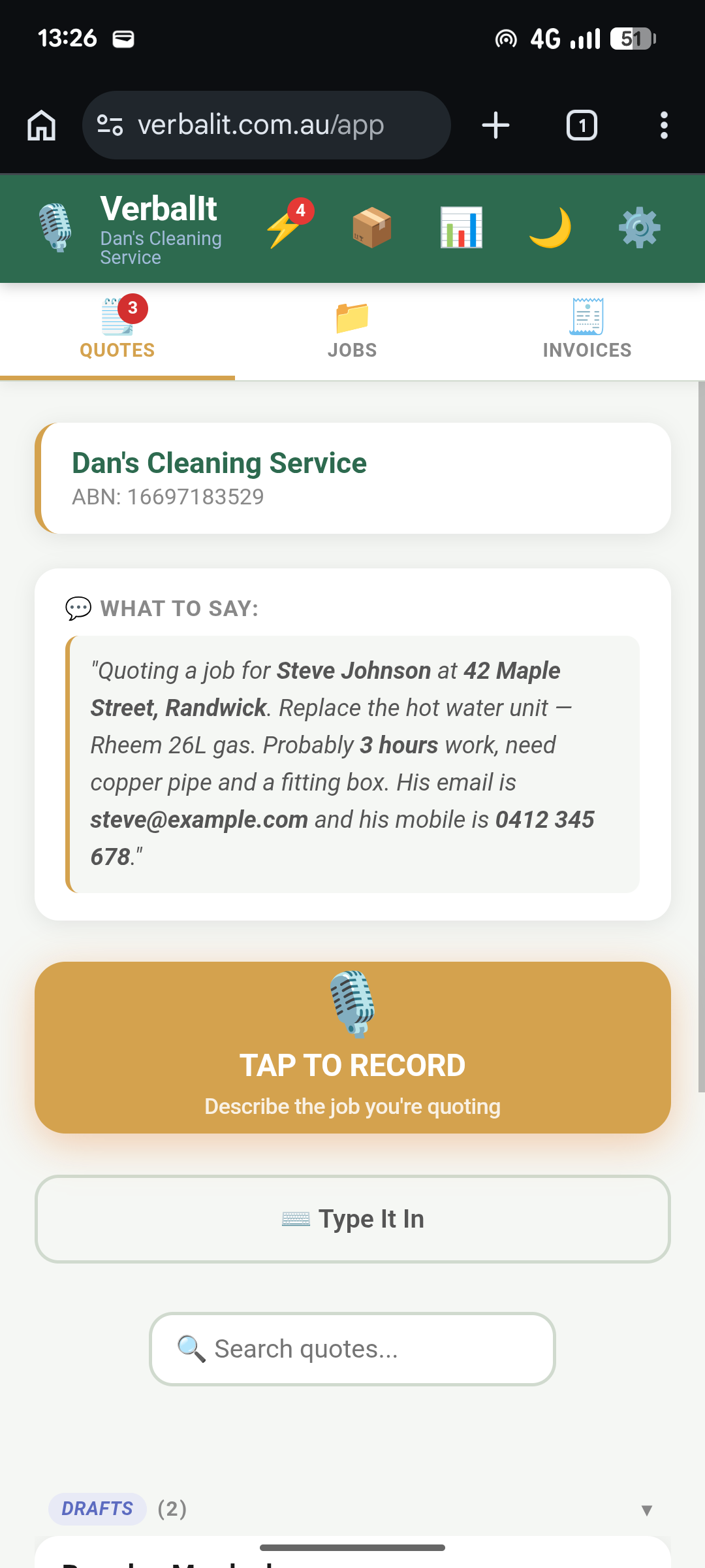 VerbalIt voice recording screen with the orange record button