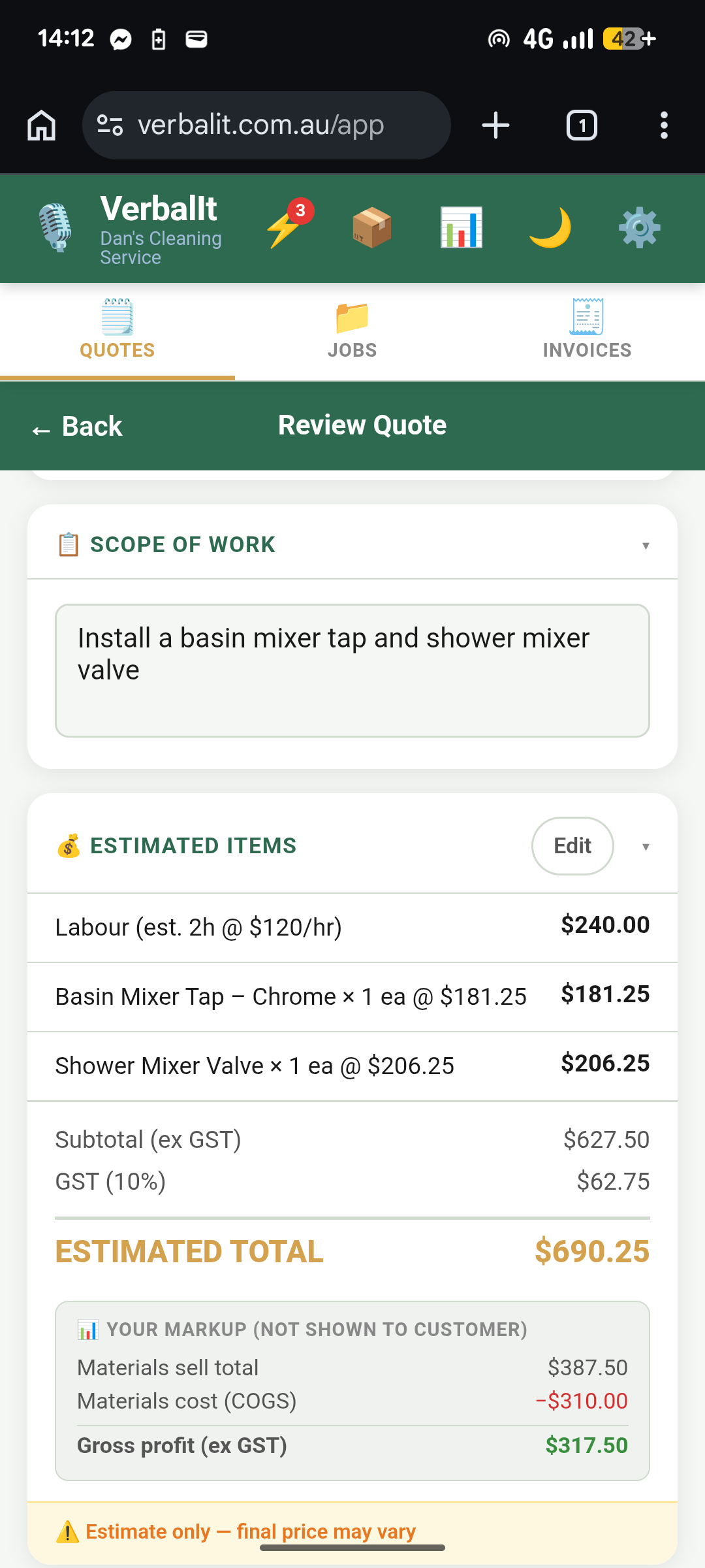 VerbalIt quote review screen showing line items, GST, and customer details