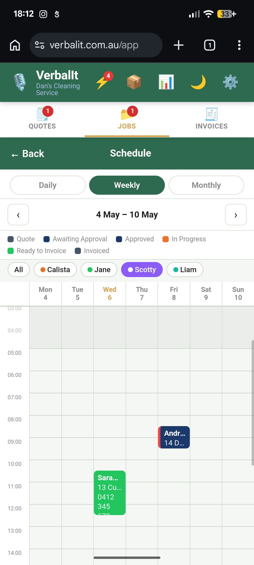 VerbalIt schedule view filtered to show one crew member's jobs