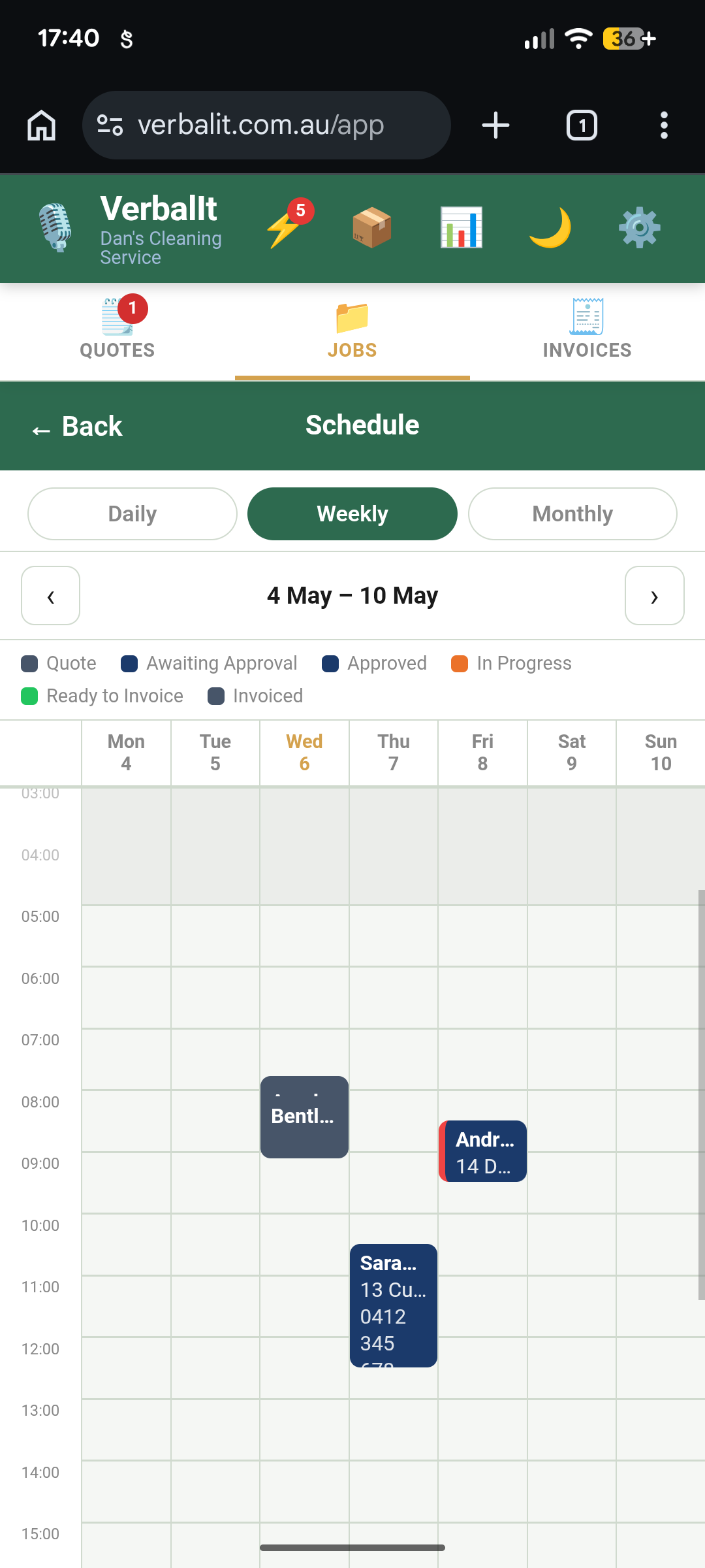 VerbalIt weekly schedule view with jobs colour-coded across the week