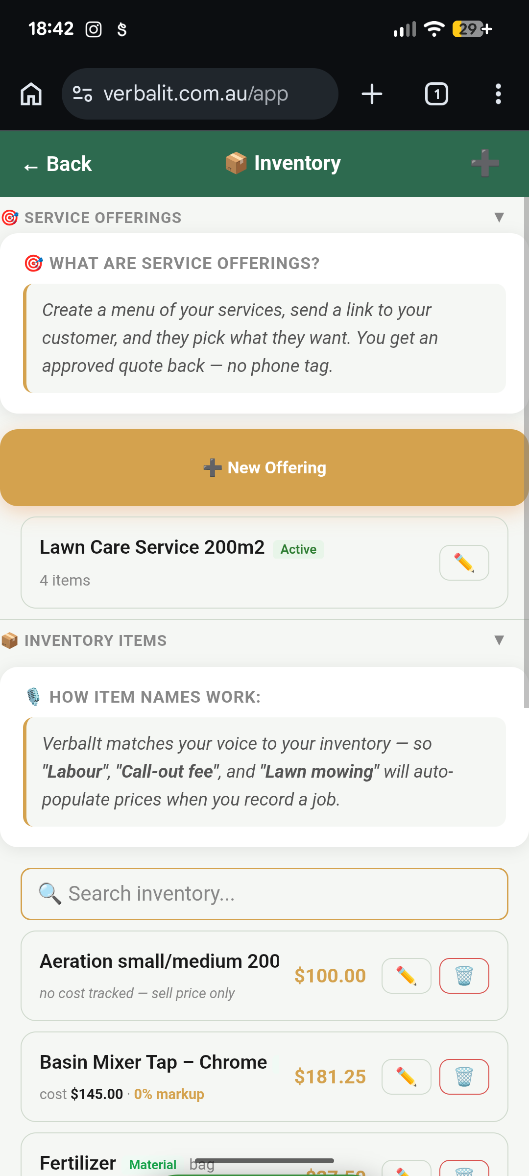 VerbalIt Service Offering showing packaged items with prices and a shareable link