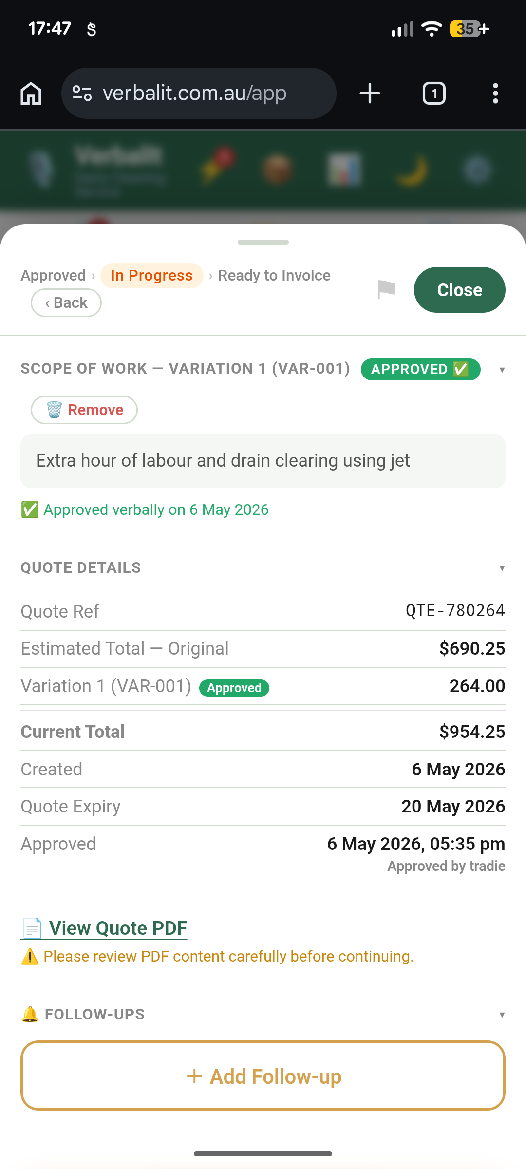 VerbalIt job detail showing a variation with updated running total