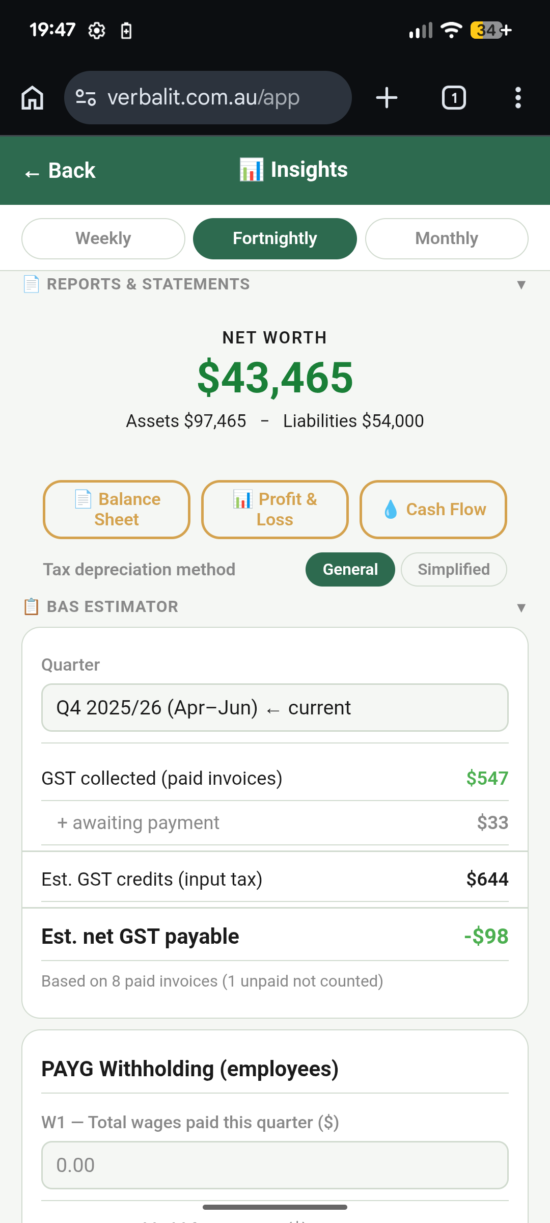 VerbalIt financial reports showing Balance Sheet, P&L, and Cash Flow export options